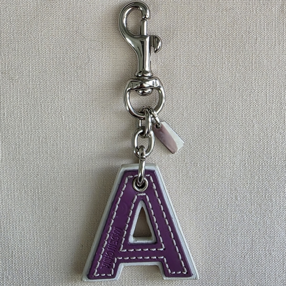 Coach Letter A Bag Charm Purple Suede Leather Keychain Hangtag Y2K - Picture 4 of 8